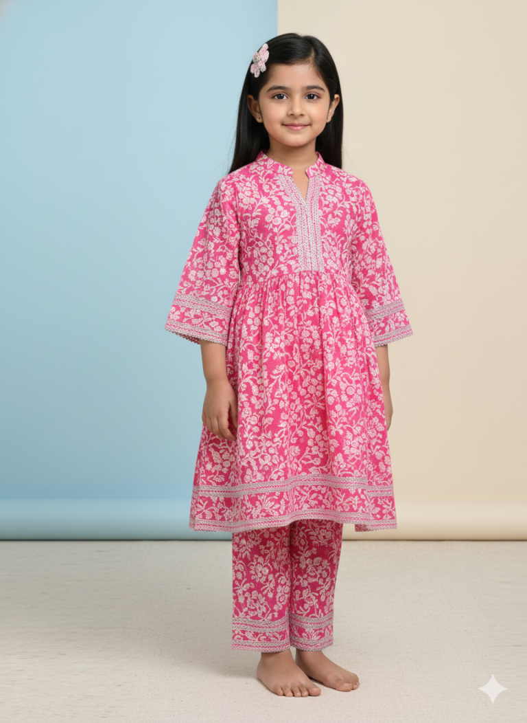 Pink floral cotton kurti set for baby girl daily wear