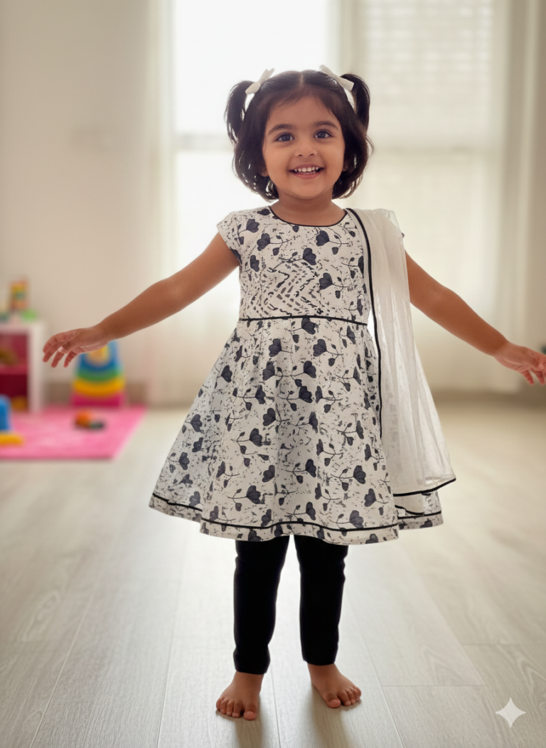 Black and white cotton frock for baby girl daily wear