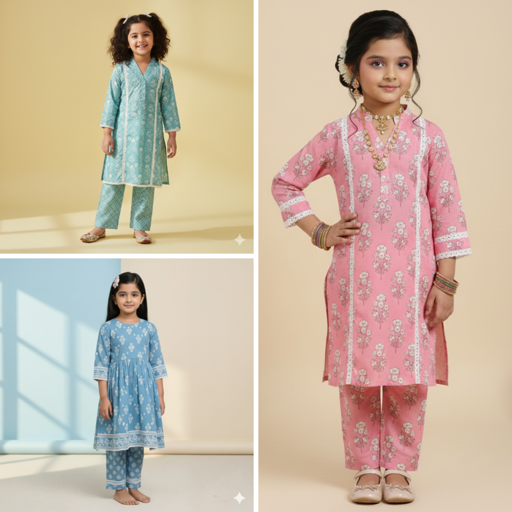 Soft cotton kurti sets for baby girls aged 1 to 5 years in blue, pink and aqua colors
