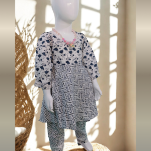 Sigur Baby Girls Black and White Cambric Cotton Printed Kurti Set Front Angle