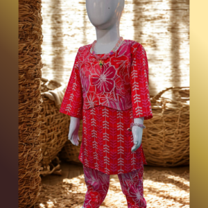 Baby girl red floral cambric cotton printed kurti pajama set front view daily wear