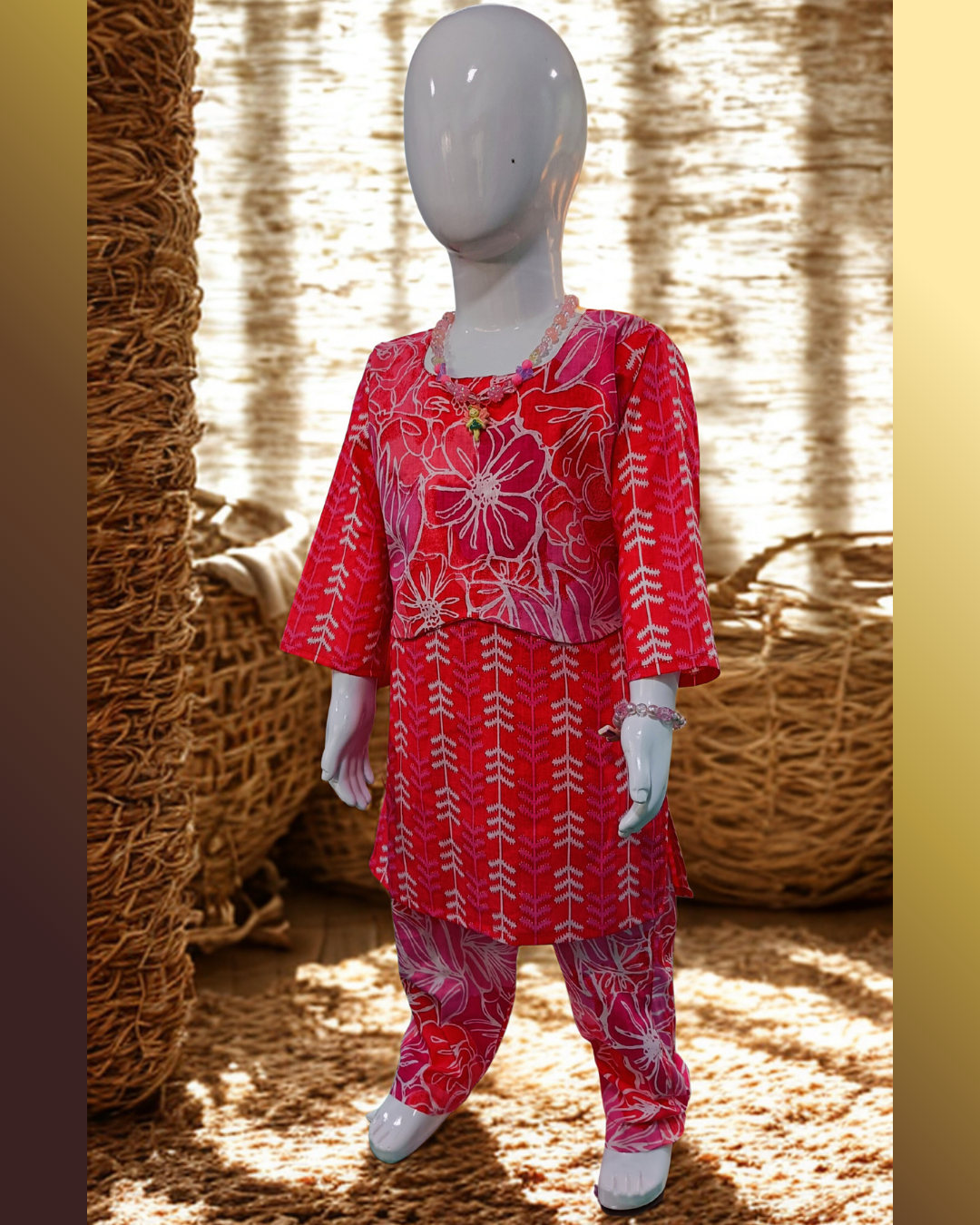 Baby girl red floral cambric cotton printed kurti pajama set front view daily wear