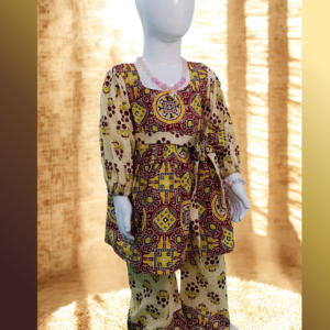 Brown mustard cotton kurti and pant set for baby girl with ethnic motifs