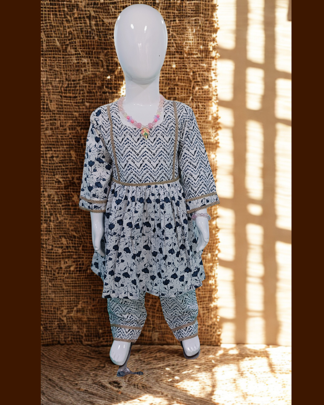 Indigo blue cotton kurti and pant set for baby girl with soft handblock style print