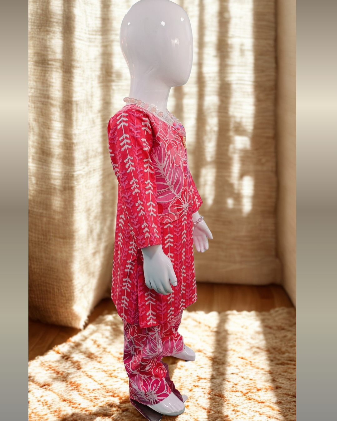 Baby girl red floral cambric cotton printed kurti pajama set side view daily wear