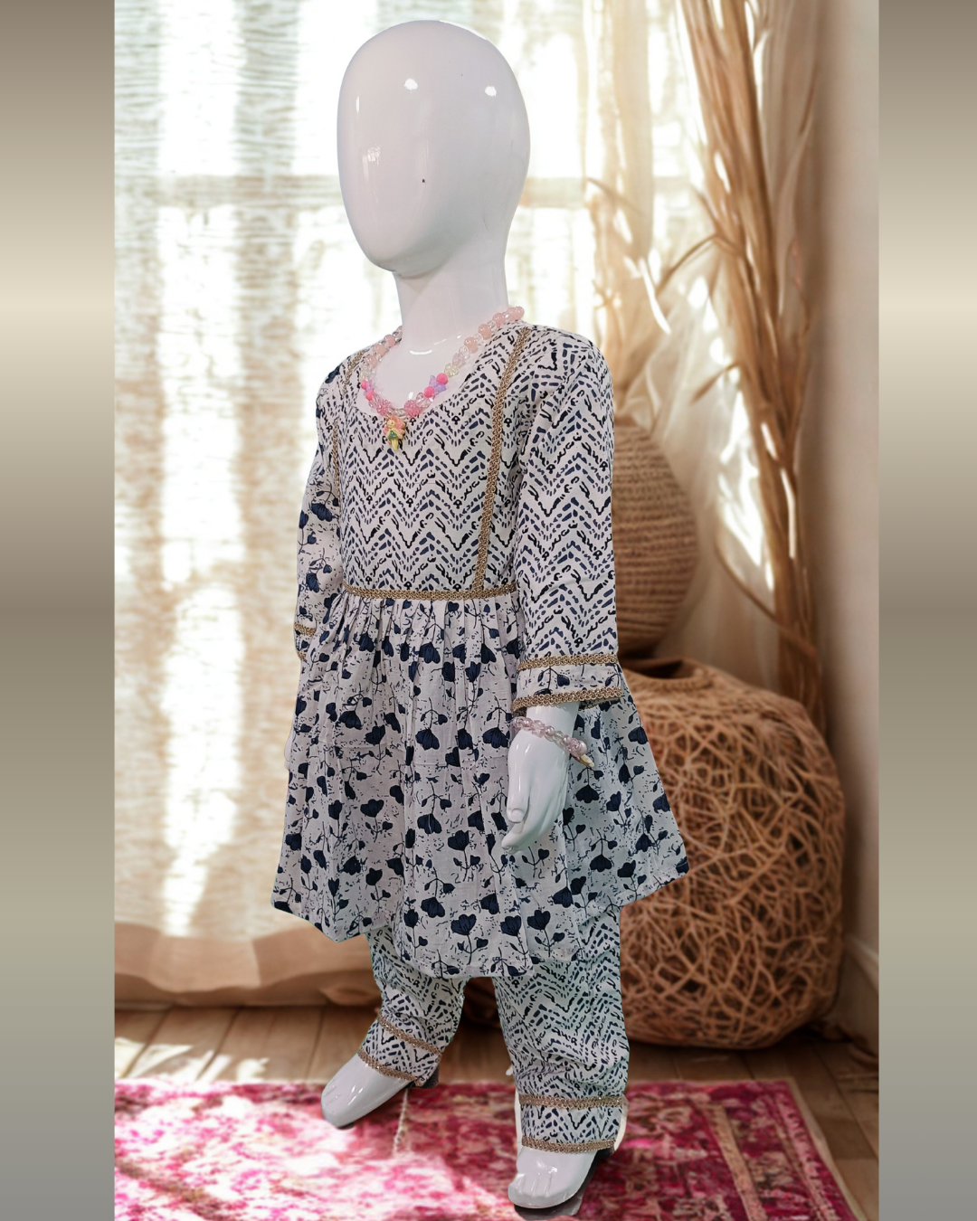 Indigo blue cotton kurti and pant set for baby girl with soft handblock style print