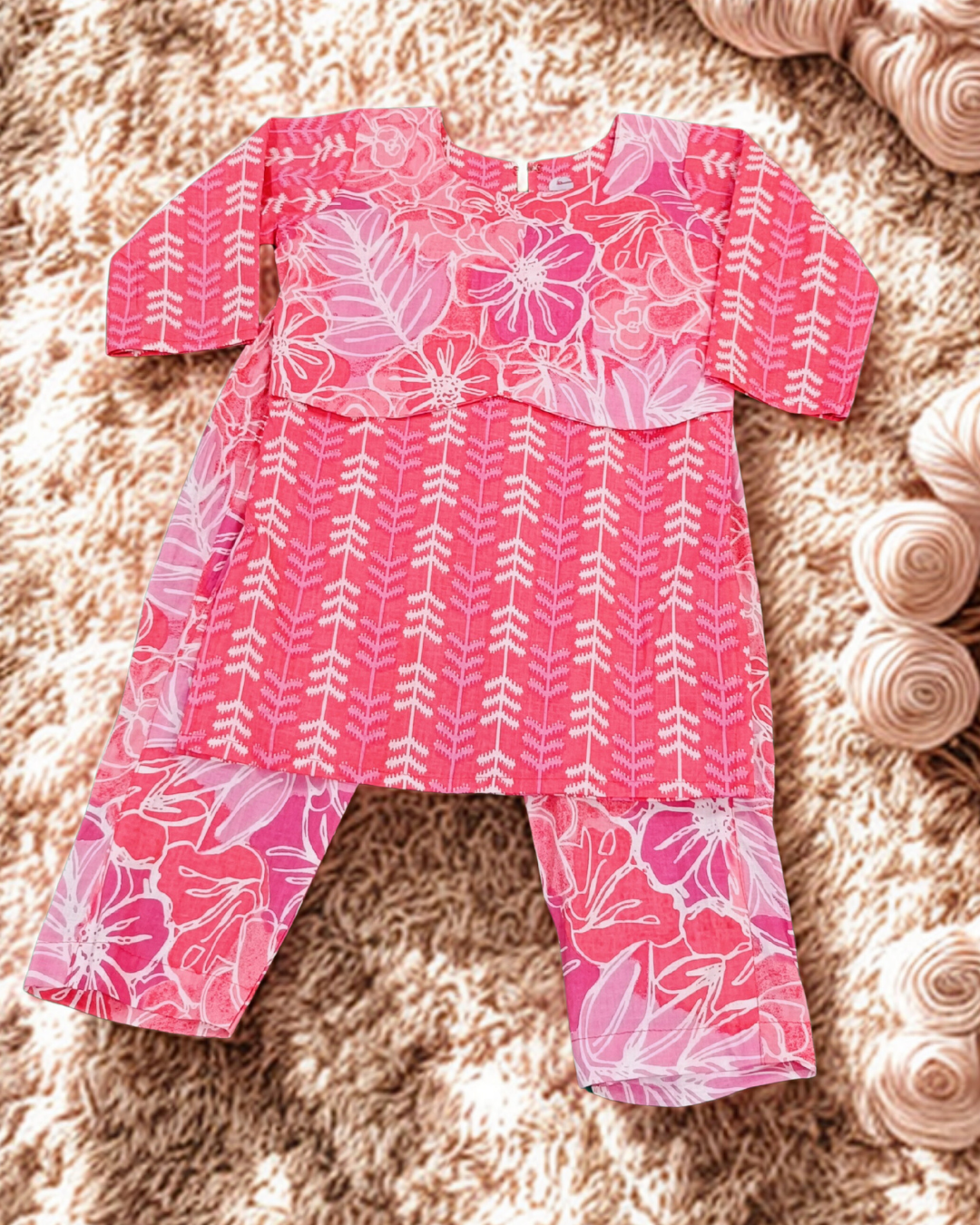 Baby girl red floral cambric cotton printed kurti pajama set flat lay daily wear