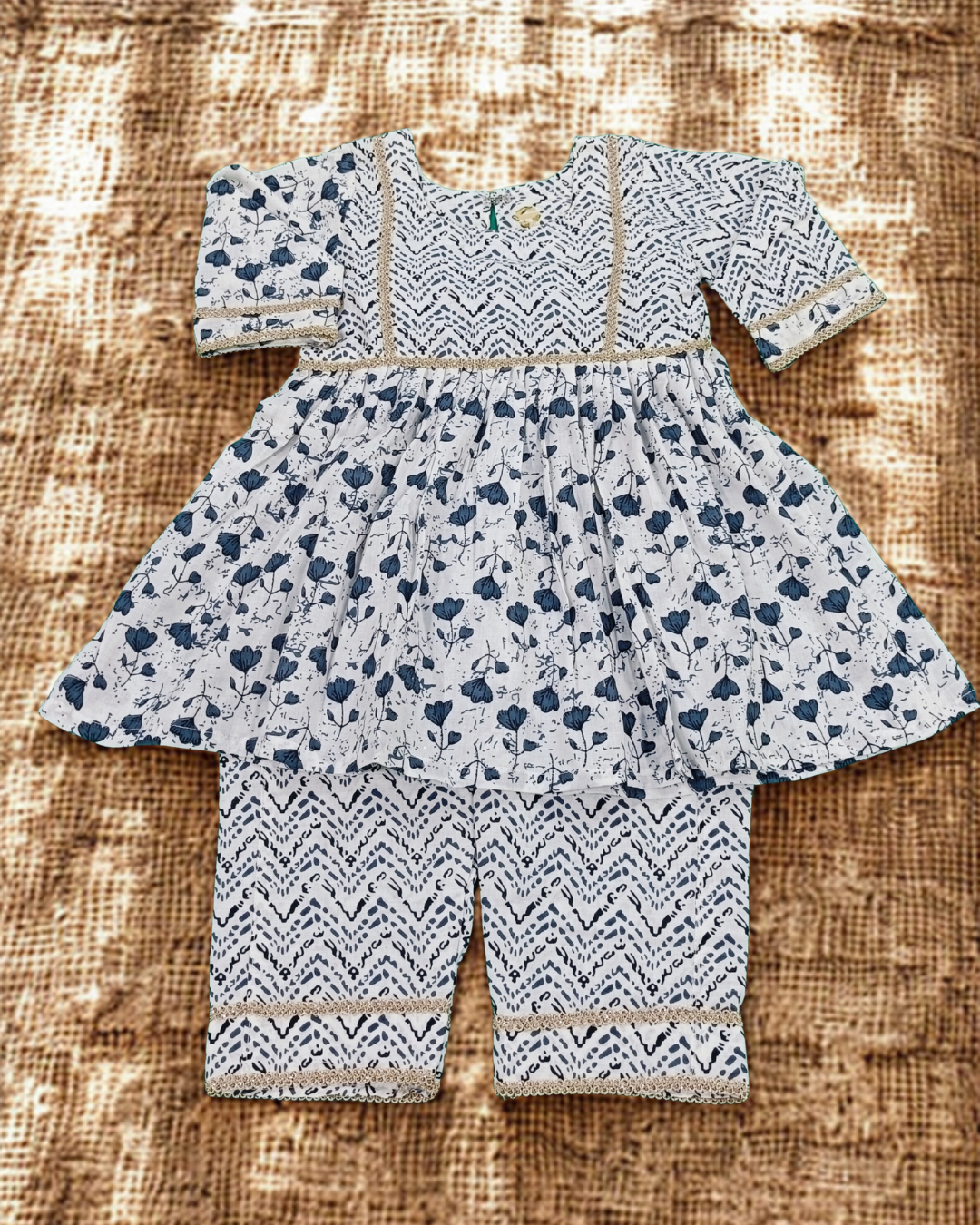 Indigo blue cotton kurti and pant set for baby girl with soft handblock style print