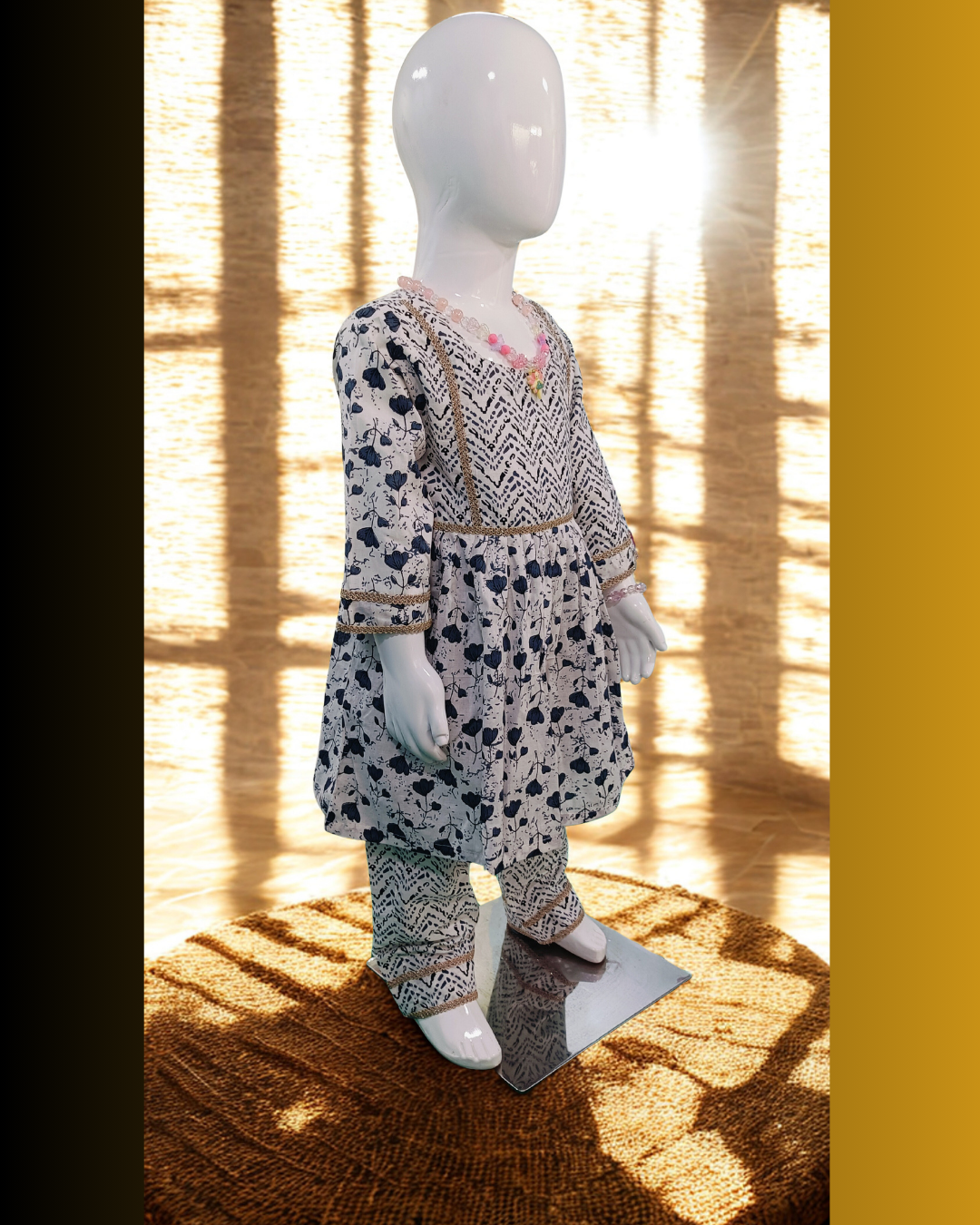 Indigo blue cotton kurti and pant set for baby girl with soft handblock style print